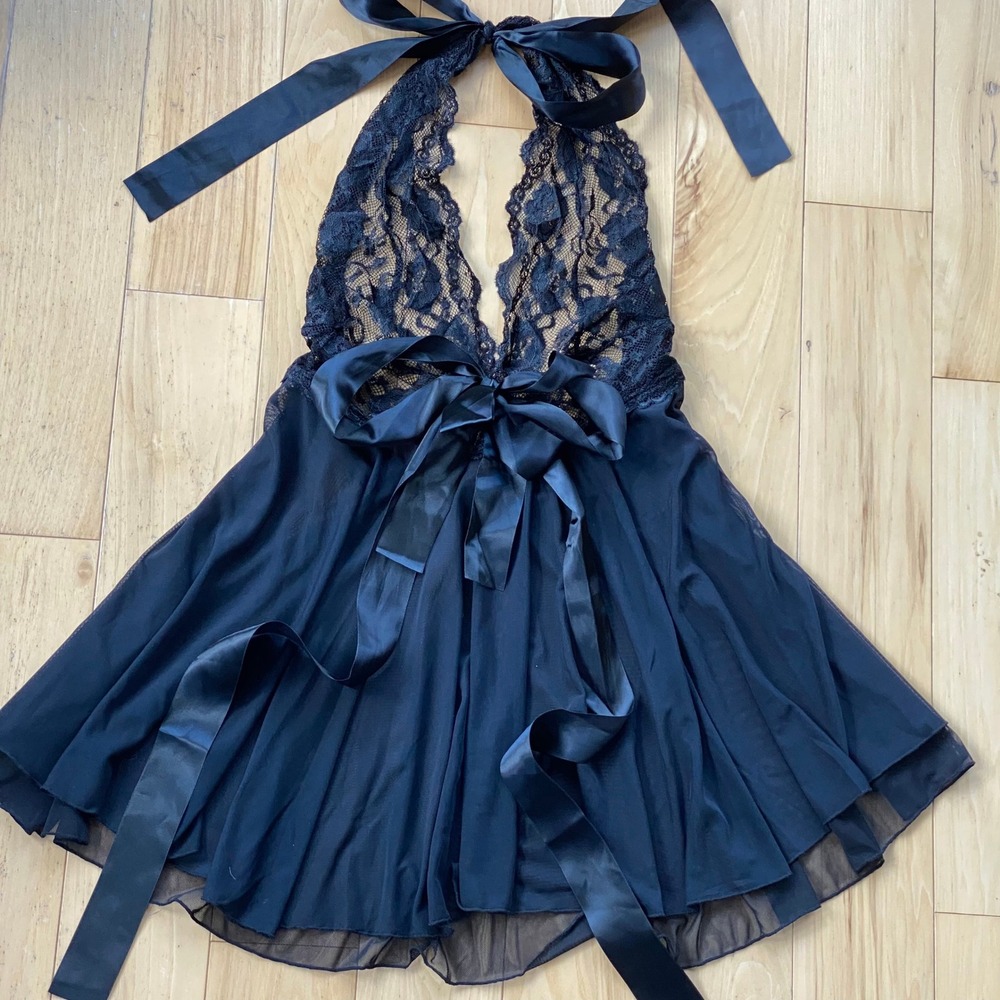 Avidlove Sexy Dark Coquette Black Babydoll Lace Mesh Satin Bow Halter Chemise-XL